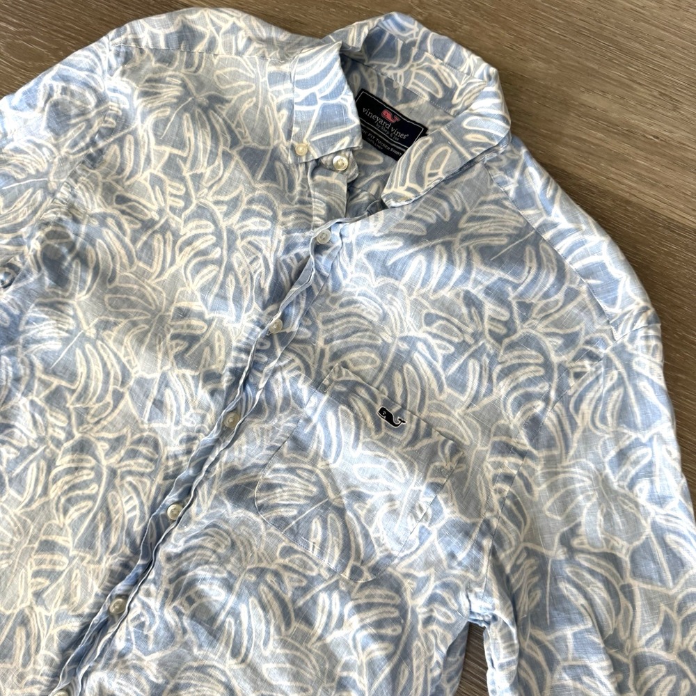 Vineyard Vines Blue Classic Fit Tucker Hawaiian‎ Floral L/S Linen Shirt Men's M